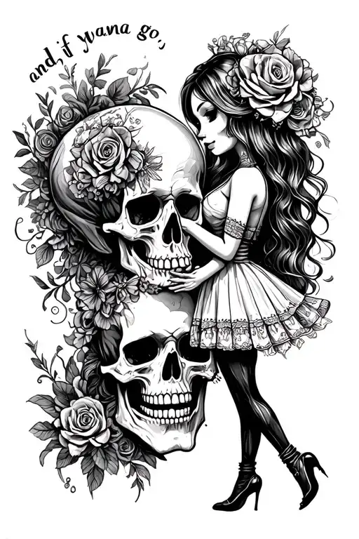 "and if you go, i wanna go with" Skull man & Girl romance tattoo design idea