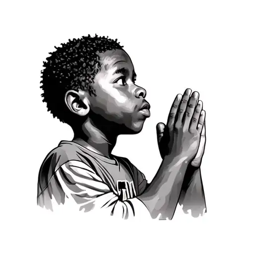 realist African American boy from the hood with small nappy afro praying looking sideways tattoo design idea