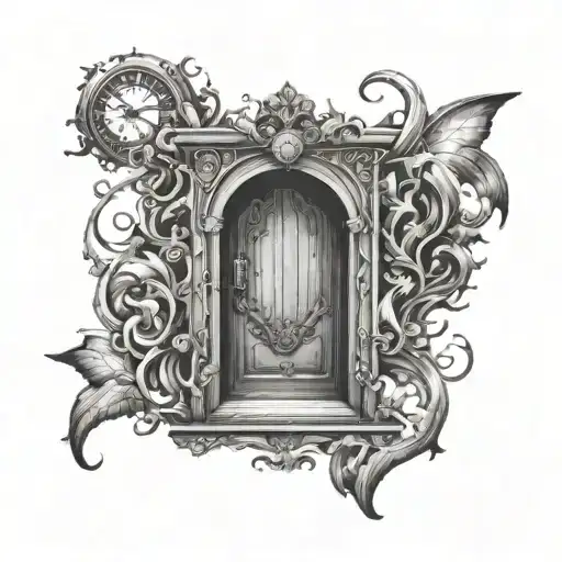 The door opens and something symbolizing the concept of time comes out. tattoo design idea