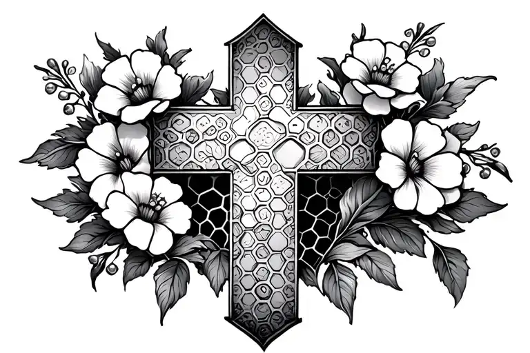 cross with honeycomb and flowers  tattoo design idea