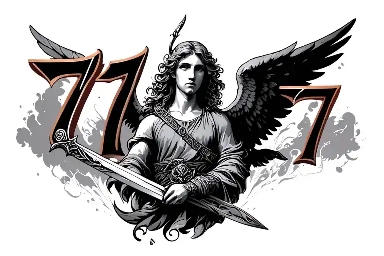 the numbers 717 melodic with angel holding a sword tattoo design idea