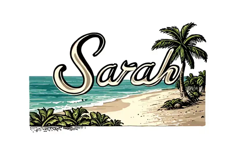 "Sarah" beach scene with palm trees tattoo design idea