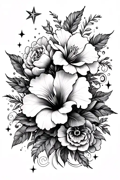 a quarter sleeve tattoo with hibiscus flowers, peony flowers, stars, and swirl accents tattoo design idea