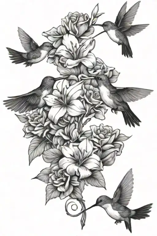 flowers and humming birds flying together tattoo design idea