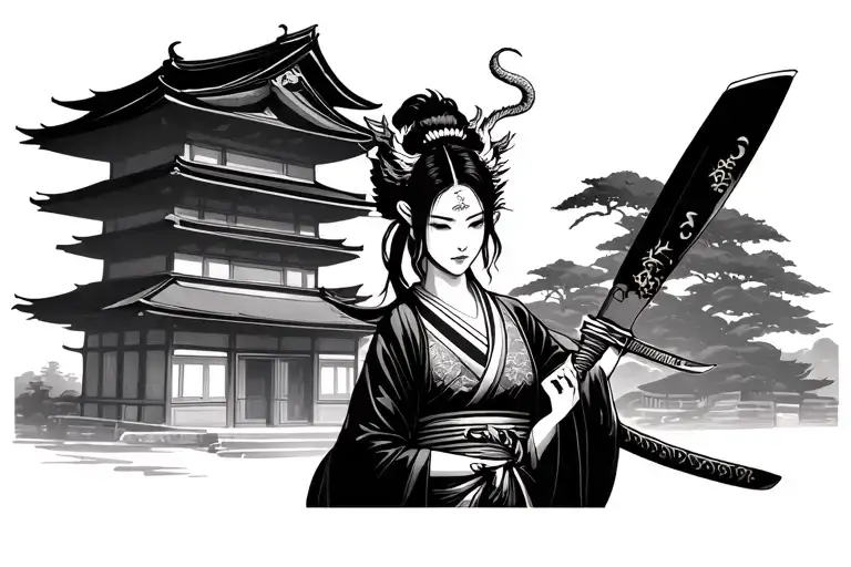 Japanese woman in traditional dress holding a knife behind her back, hair has a dragon, Japanese building in background tattoo design idea