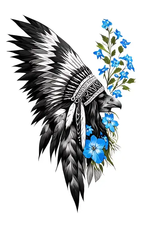 INDIAN CHIEF VERY LONG HEADDRESS,  BLUE FORGET ME NOT FLOWERS, PHOENIX RISING  tattoo design idea