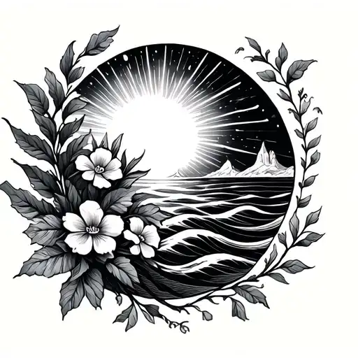 very very fine line adn delicate sun casting rays onto a delicate vine with flowers with ocean waves and euopean vibes  tattoo design idea