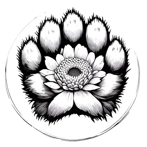 dog paw with chrysanthemum flower in the bottom corner but a circle around the paw connecting with the chrysanthemum  tattoo design idea
