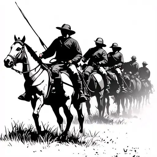 A line of silhouetted World War I cavalry soldiers riding on horseback, shown side on in a landscape tattoo design idea