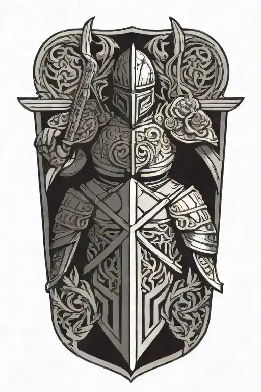 strength courage faith , god warrior with helmet sword shield rose window on armor  tattoo design idea