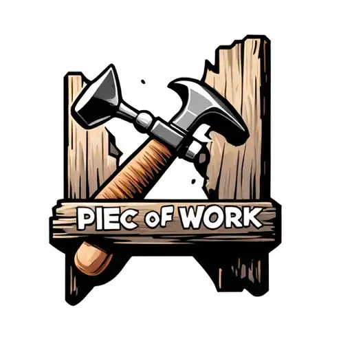 Small split wooden plank with hammer hammering in a nail that says Piece of work on the plank tattoo design idea