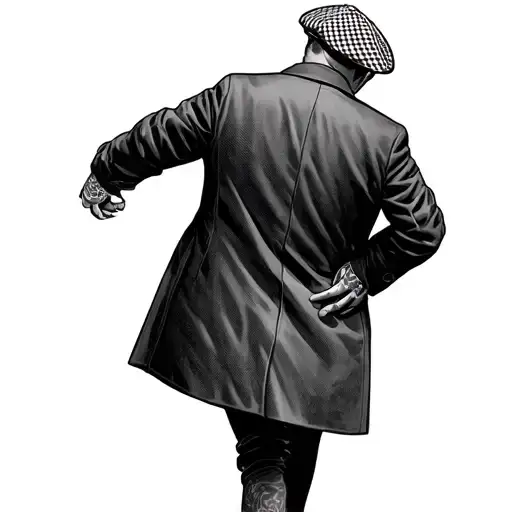 man walking from behind holding both hands crossed on his back wearing coat and has newsboy cap with checkered patern tattoo design idea