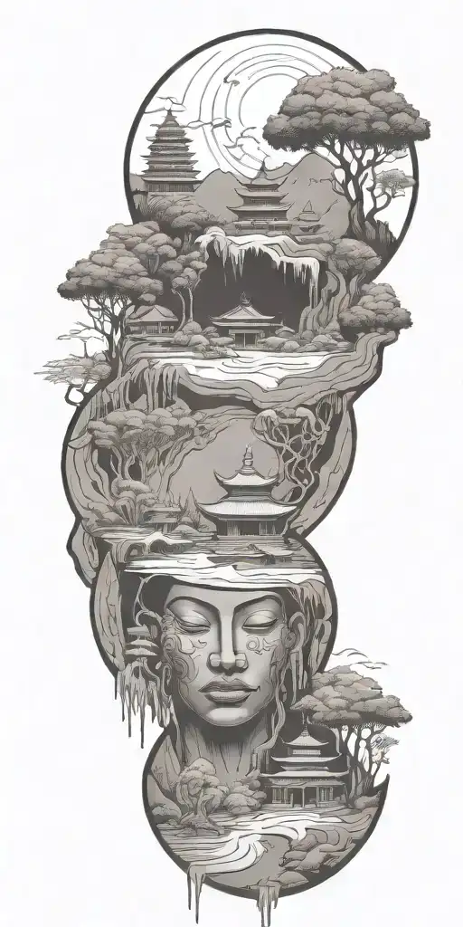 budism symbols that are uncommon. focus on nature, scenery and being grounded while on a spiritual journey tattoo design idea