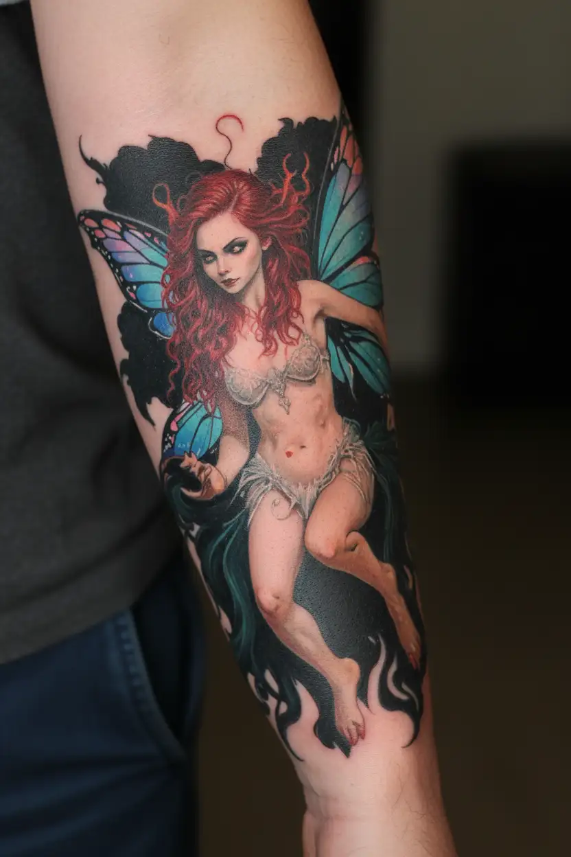badass vampire fairy flying tattoo design idea