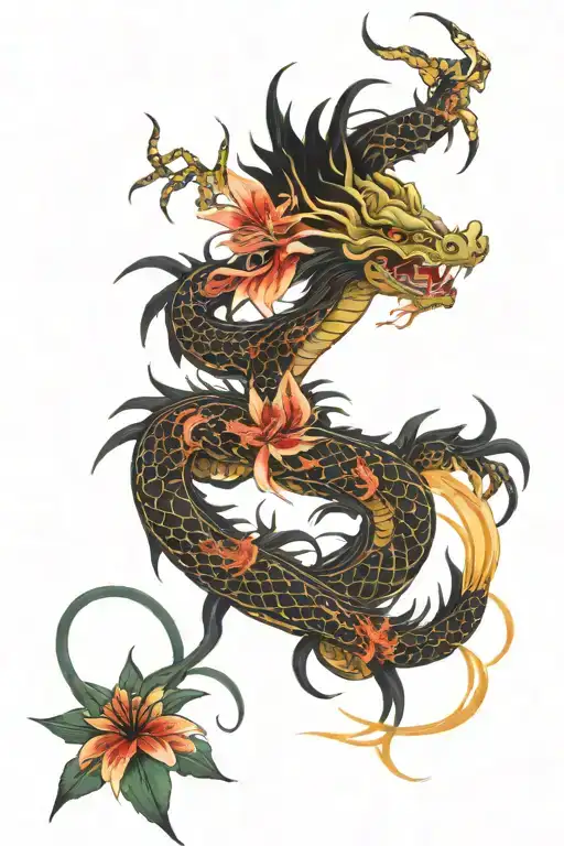 Japanese Dragon with Spider Lily and Spider tattoo design idea