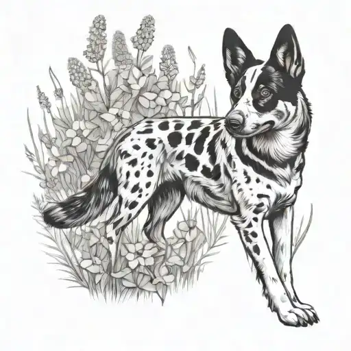minimalist tattoo of a spotted blue heeler in a field of wildflowers  tattoo design idea