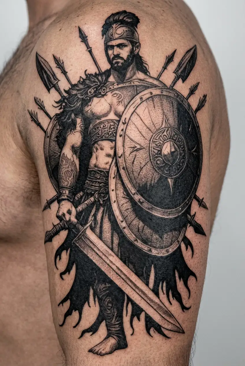 Gladiator theme with multiple shields, swords and arrows. Warrior's spirit with cuts and blood tattoo design idea