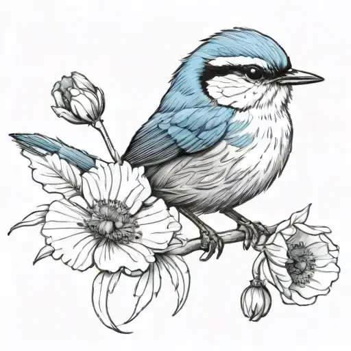 blue wren and poppy flower tattoo design idea