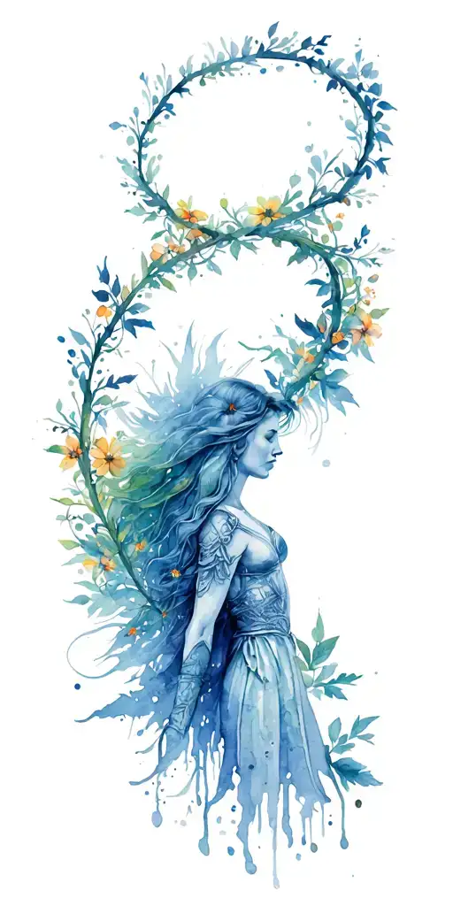 Wildflowers long vine wrapped loosely in helix merging around warrior woman tattoo design idea