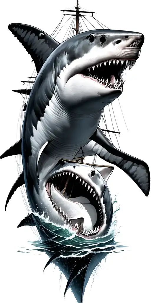sunken ship great white sharks chasing each other tattoo design idea