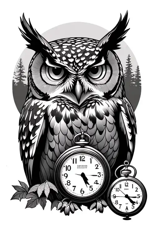 big owl with three stop watch with time with forest in back ground tattoo design idea