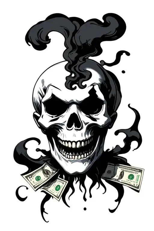 skull money evil smoke dead clown teeth honor  tattoo design idea