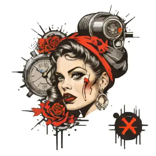 Old school style, pin up girl, dead head, speedometer tattoo design idea
