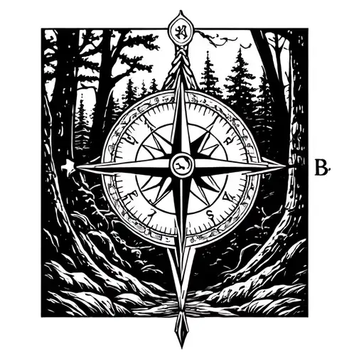 woods background with a Mariners compass and a christian cross in front tattoo design idea