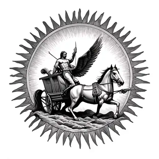 Helios pulling chariot with sun rays tattoo design idea