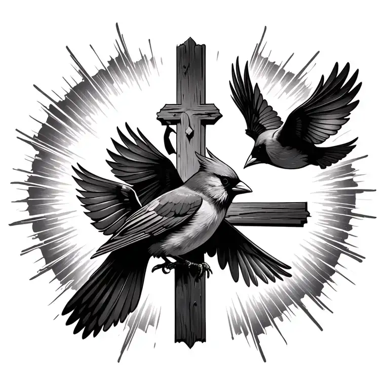 cardinals flying around a cross with light rays around it tattoo design idea