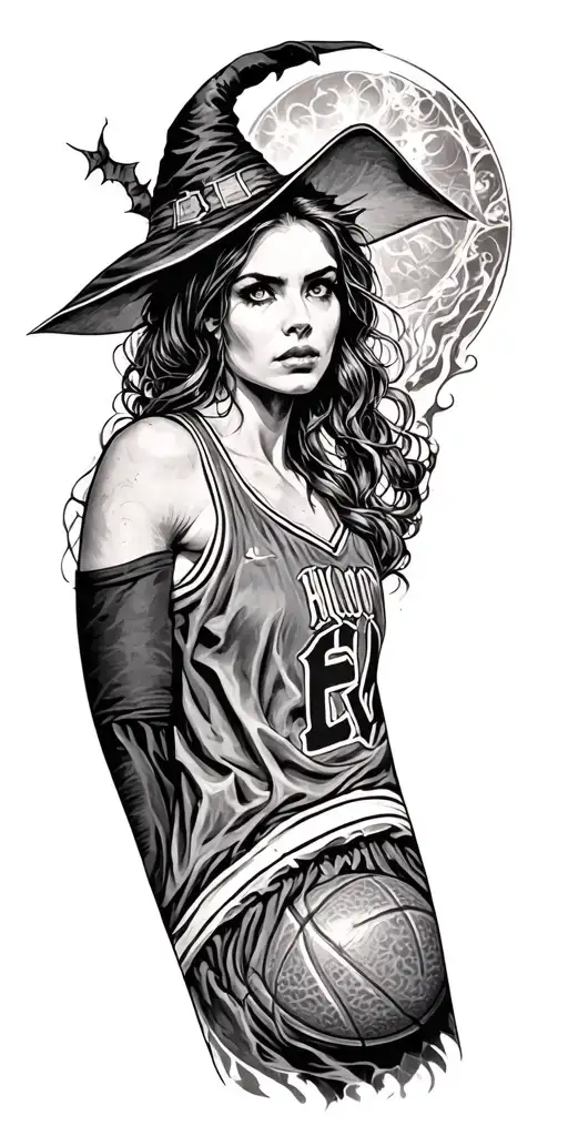 arm sleeve witch low key basketball references tattoo design idea