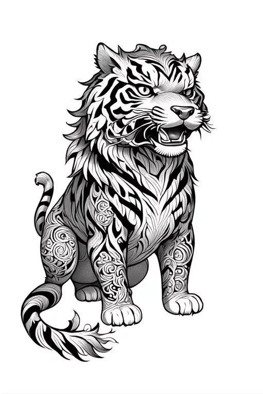 foo dog with a japanese tiger  tattoo design idea