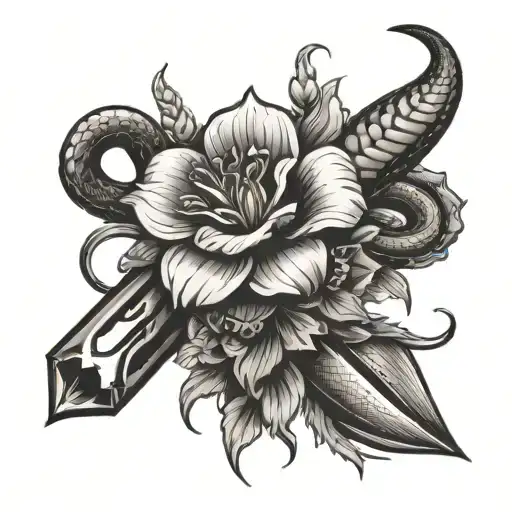 dagger snake flowers tattoo design idea