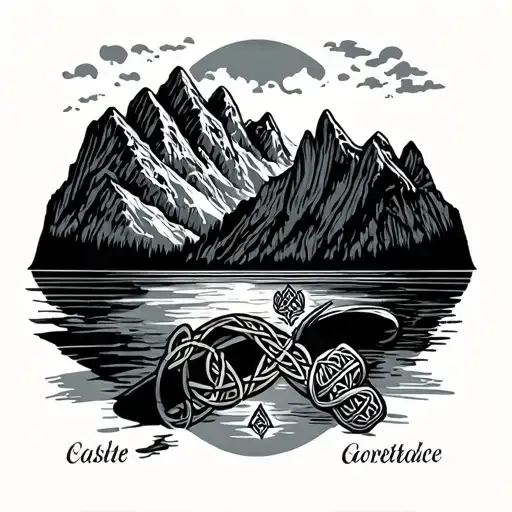 lake surrounded by mountains with Celtic band tattoo design idea
