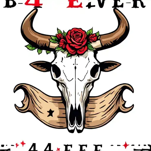 "B4 4Ever" western bull skull tattoo design idea