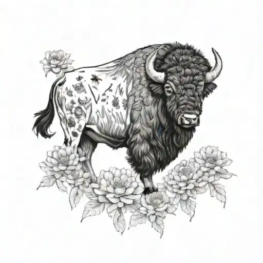 Black and white Calf tattoo. The head of an American bison surrounded by color Indian blanket wildflowers. In the backgr tattoo design idea