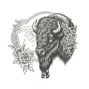 Black and white Calf tattoo. The head of an American bison surrounded by color Indian blanket wildflowers. In the backgr tattoo design idea