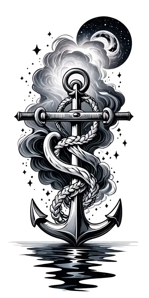 an anchor surrounded by water flowing up into space with a nebula at the top  tattoo design idea