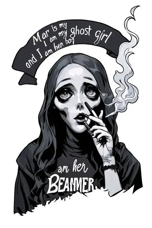 ghost smoking a blunt and it says  Mar is my ghost girl and I am her Beamer boy! tattoo design idea
