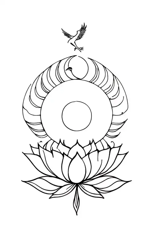lotus flower with phoenix and moon phases tattoo design idea