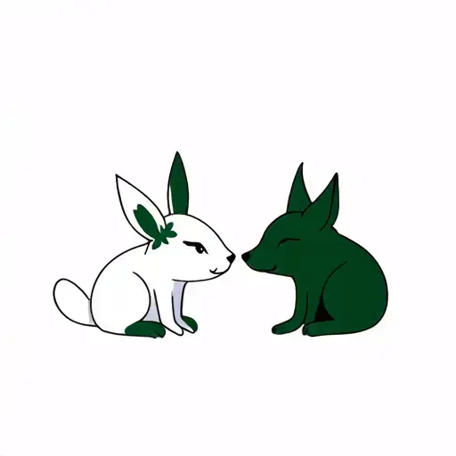 a  white bunny and a forest green fox, matching couples, puzzles togeather, looking to each other's eyes tattoo design idea