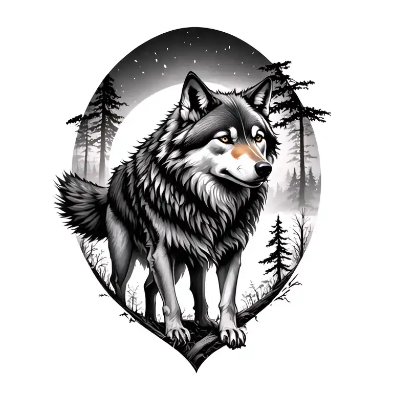 a wolf with warrior in nature elements like trees tattoo design idea