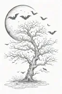 a poison tree with no leaves with the moon over the tree with lots of bats  tattoo design idea