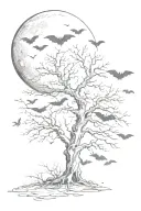 a poison tree with no leaves with the moon over the tree with lots of bats  tattoo design idea