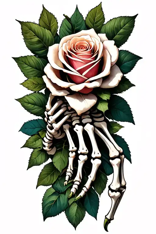 skeleton hand holding a streched rose around the arm with leaf and spine tattoo design idea