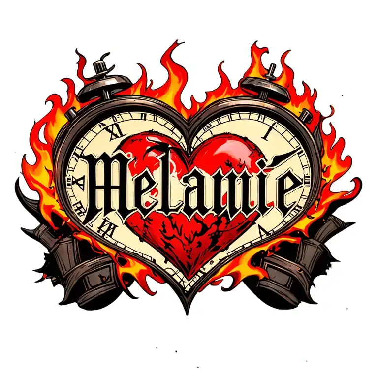 "Mélanie" clock heart in flame tattoo design idea