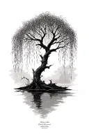 weeping willow with names intertwined on the branches tattoo design idea