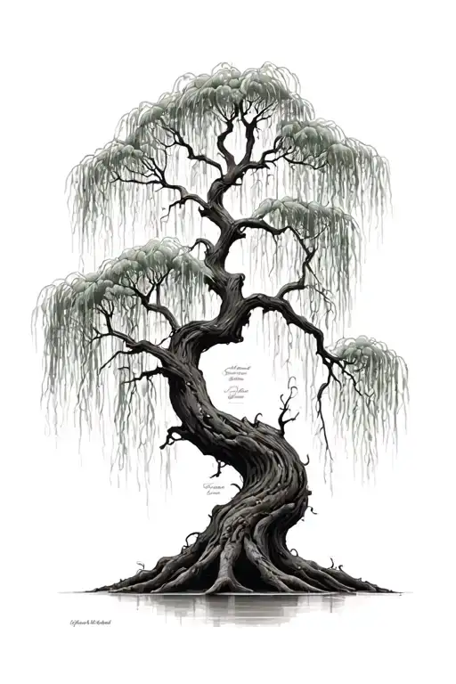 weeping willow with names intertwined on the branches tattoo design idea