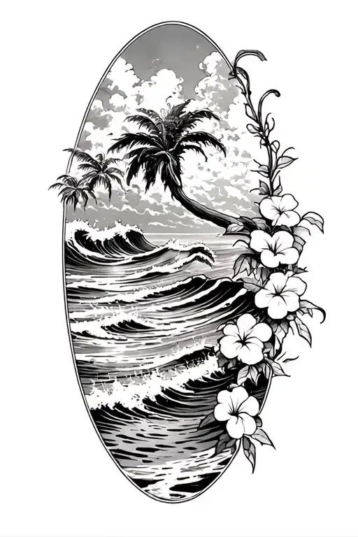 waves crashing on the beach with small hibiscus vine on right side tattoo design idea