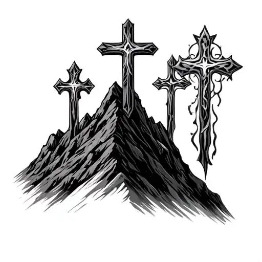 3 crosses on a mountain tattoo design idea